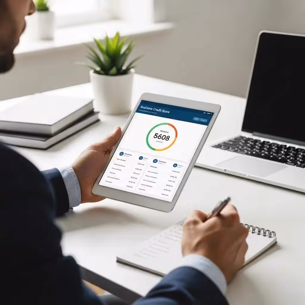 Business owner checking their business credit score on a tablet