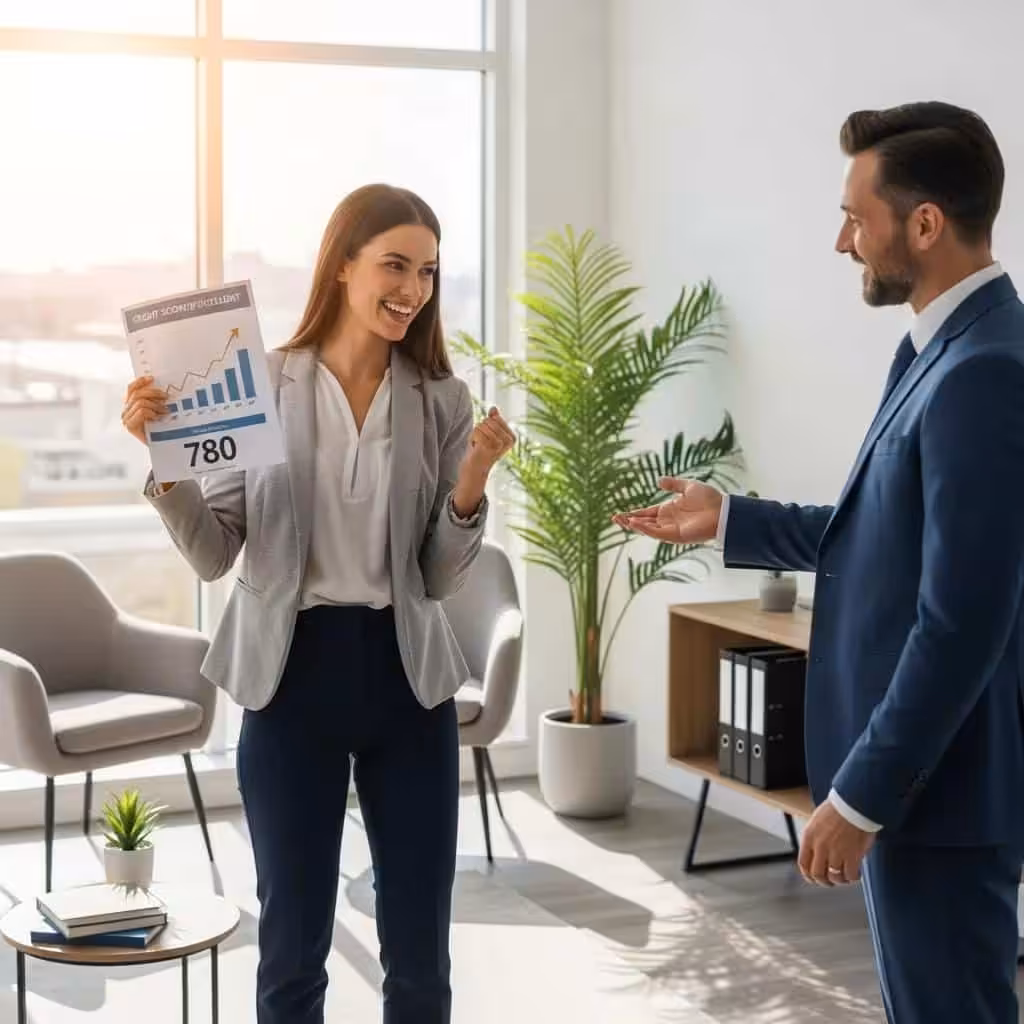 Client celebrating credit score improvement success with financial advisor