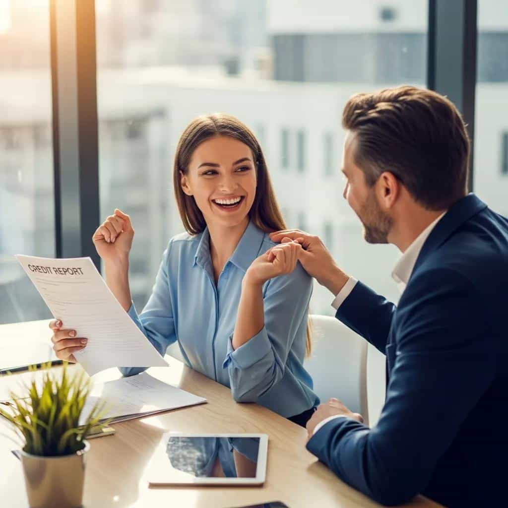 Client celebrating improved credit score with financial advisor