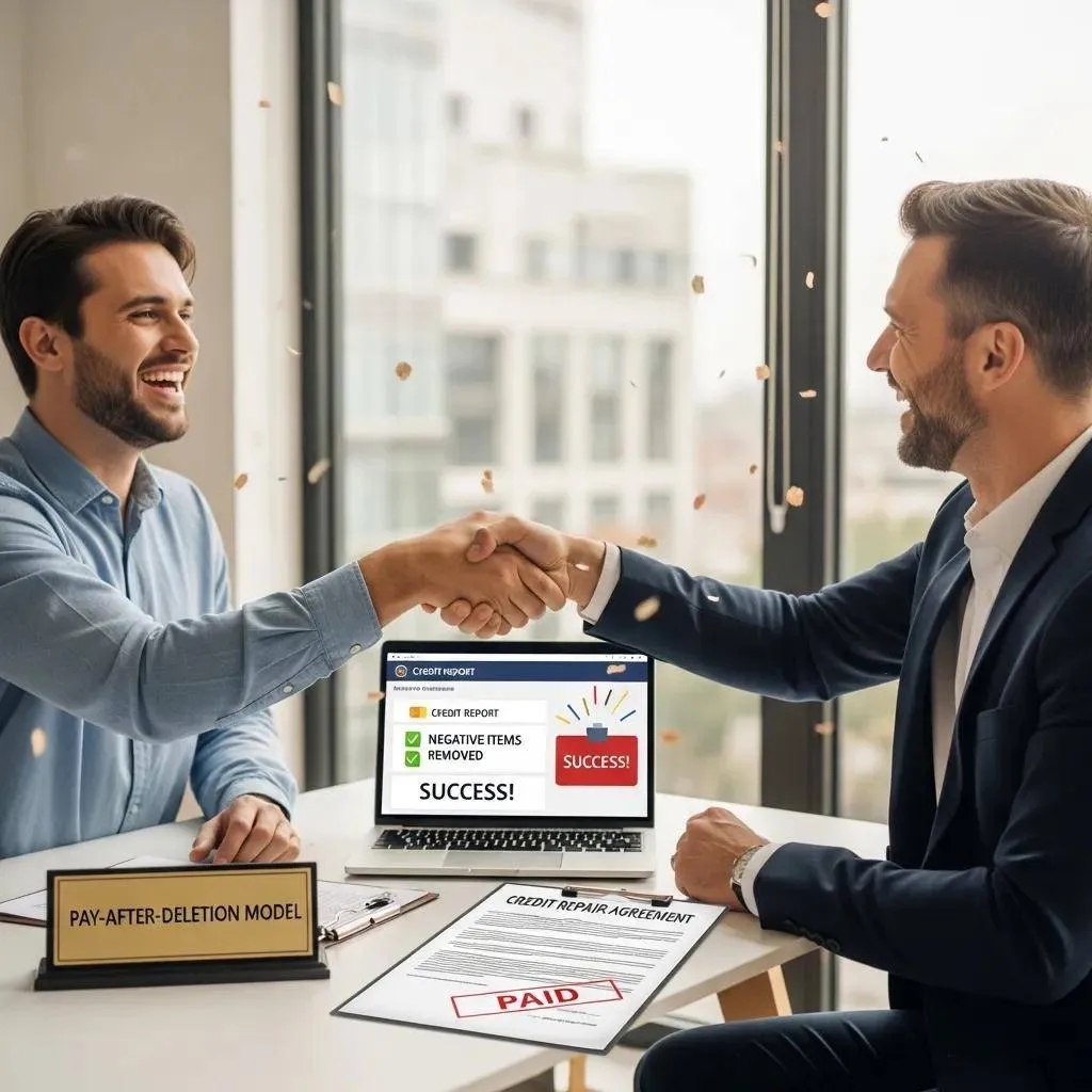 Client celebrating successful credit repair results with a consultant