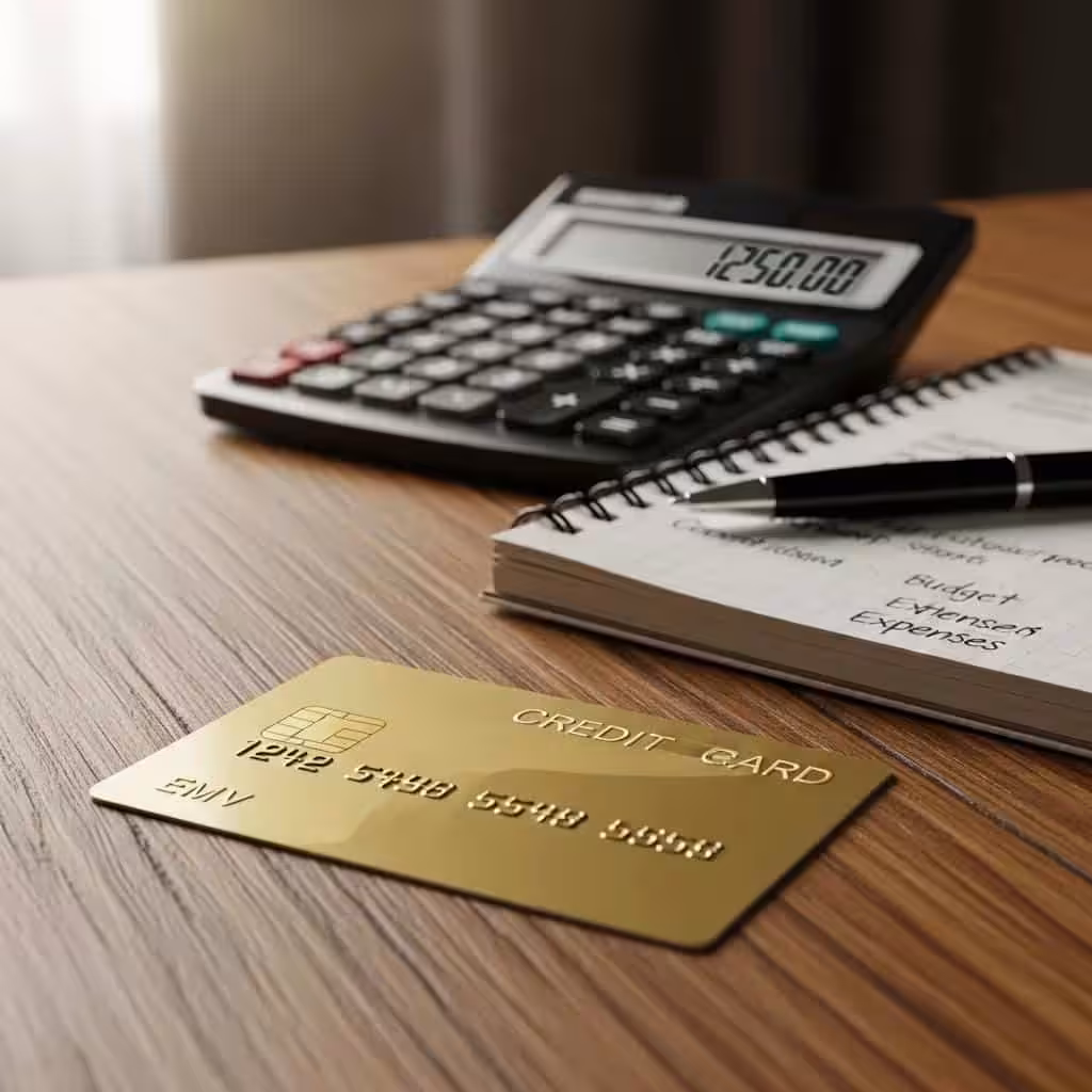 Close-up of a credit card on a table with a calculator and notepad, symbolizing financial planning