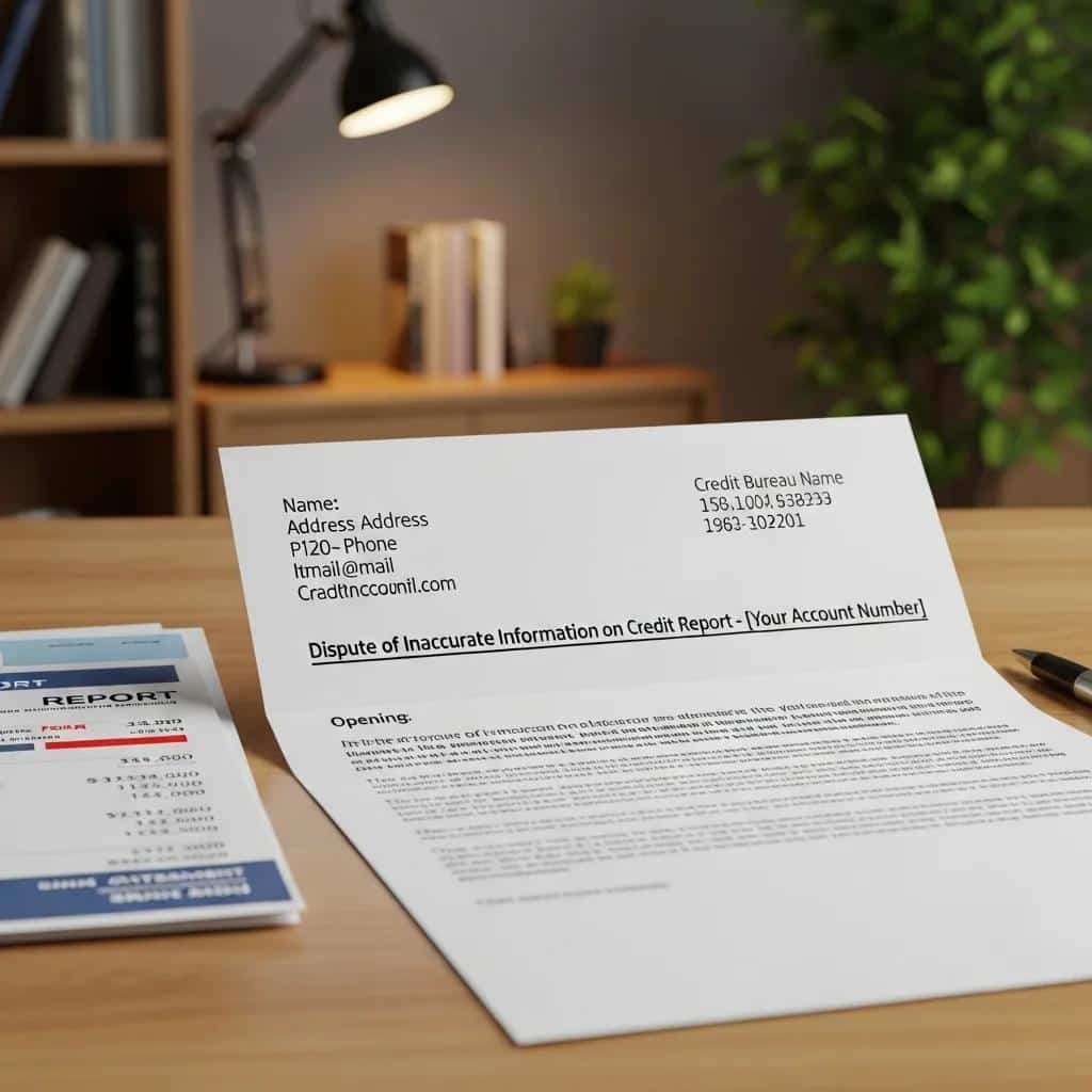 Close-up of a credit dispute letter highlighting key elements like contact information and subject line