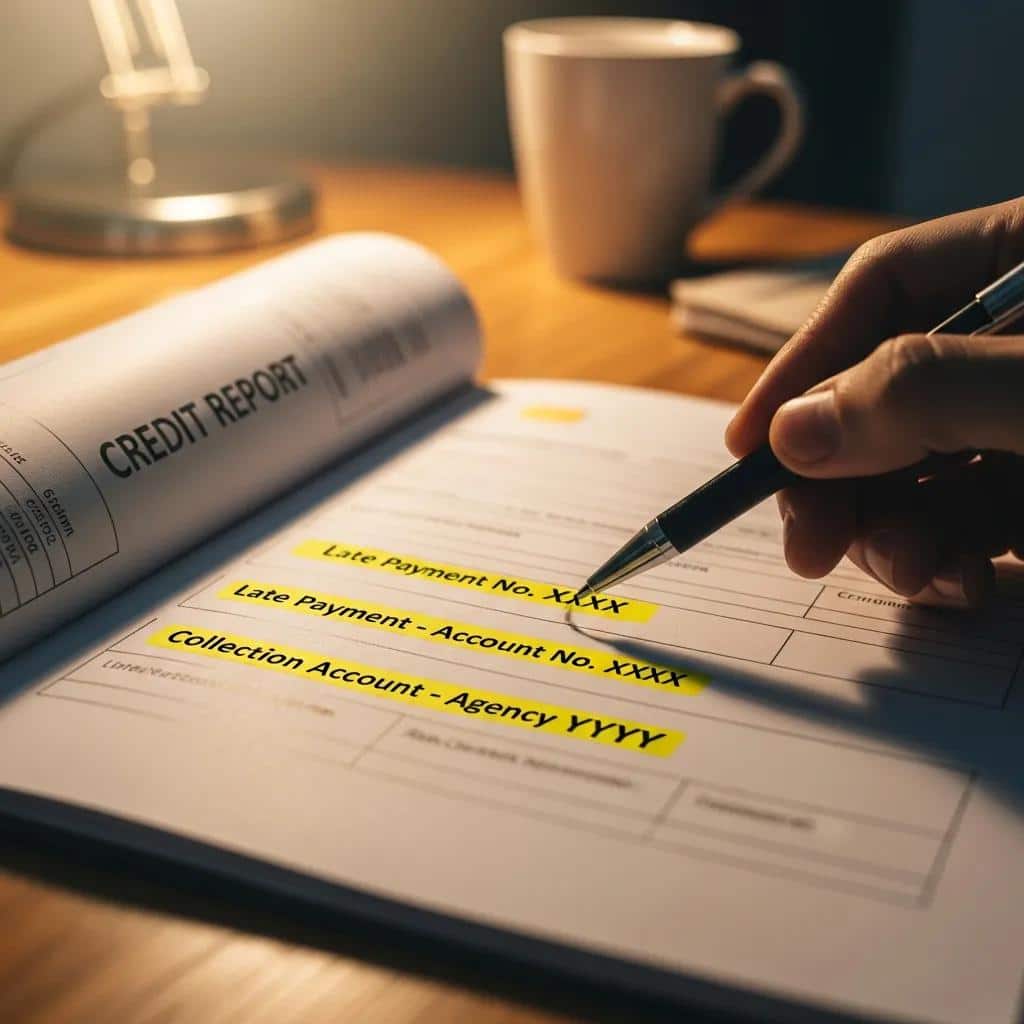 Close-up of a credit report highlighting common inaccuracies like late payments and collections, relevant to consumer rights