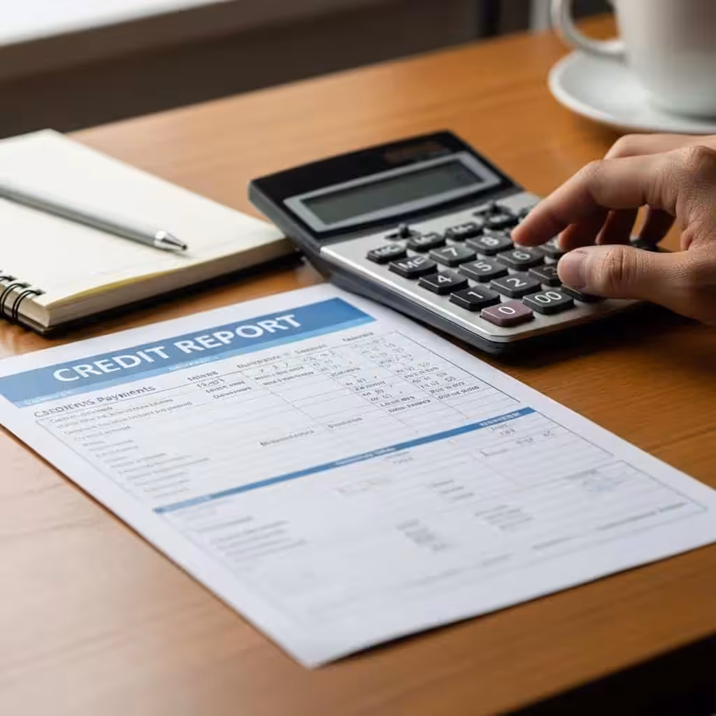 Close-up of a credit report with a calculator, illustrating the impact of late payments on credit scores