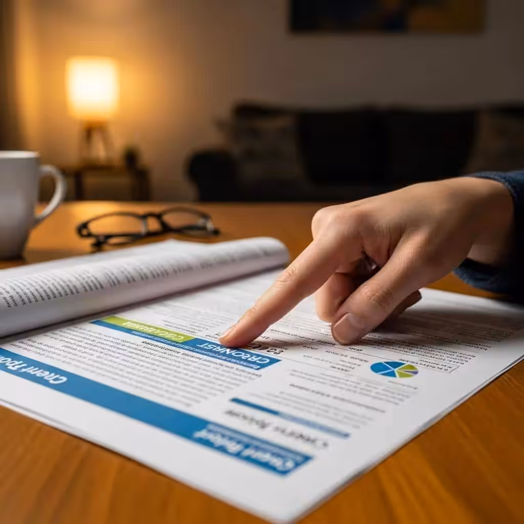 Close-up of a credit report with a person pointing at details, highlighting important information