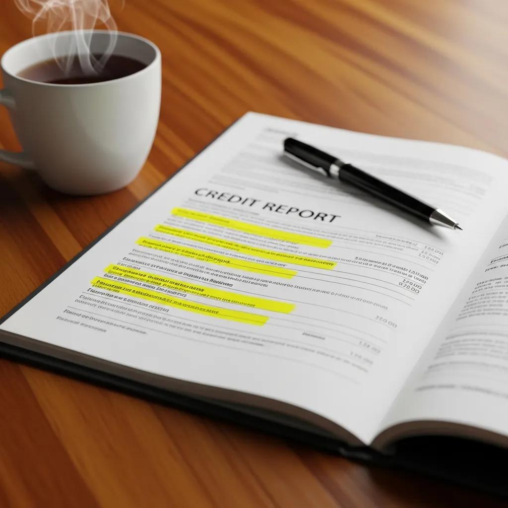 Close-up of a credit report with highlighted errors, emphasizing the importance of identifying discrepancies
