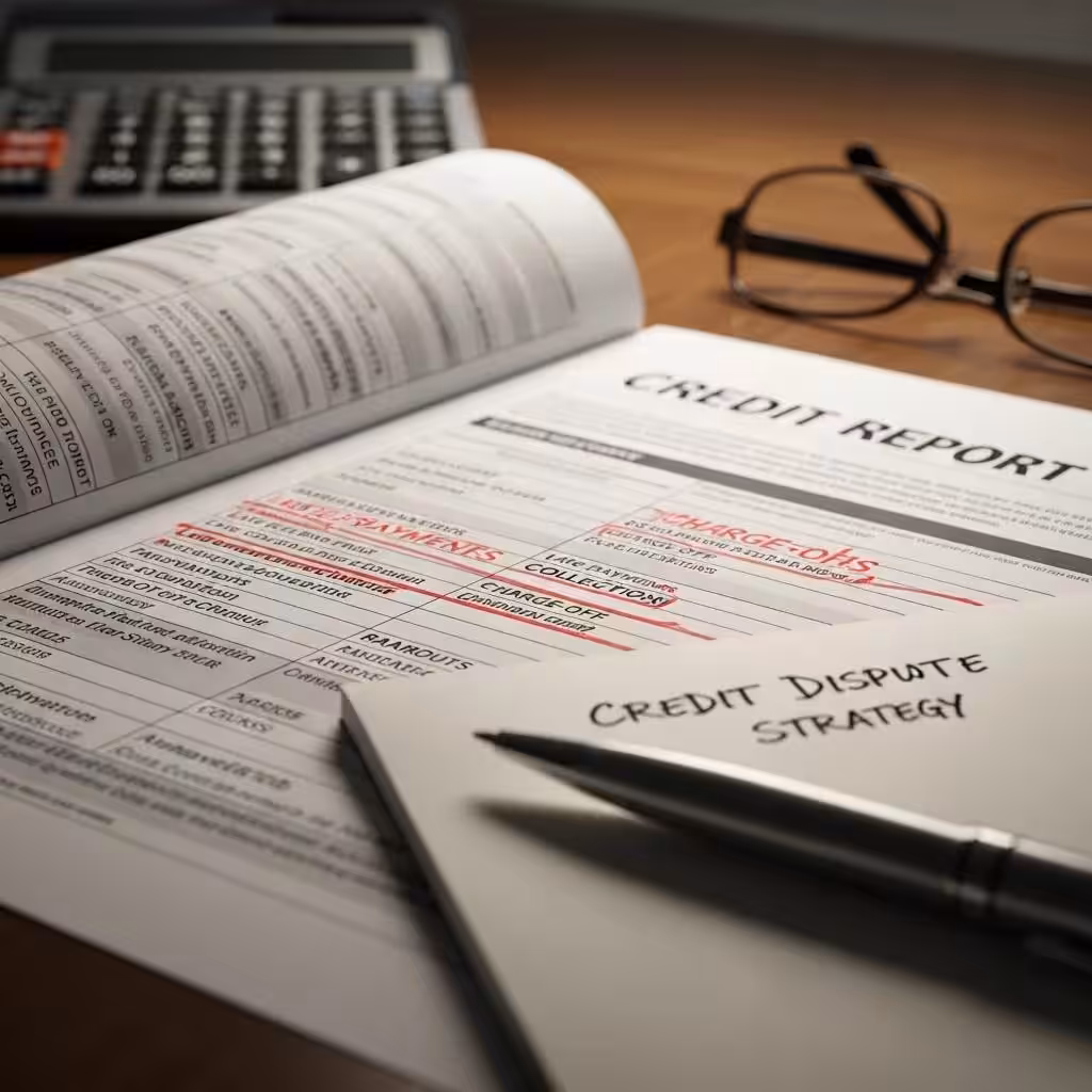 Close-up of a credit report with highlighted negative items, illustrating the credit repair process