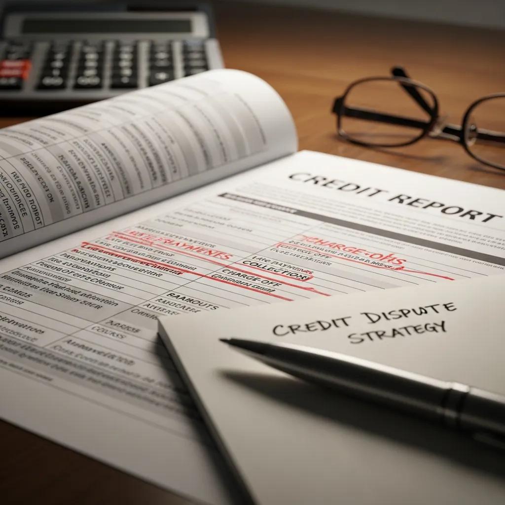 Close-up of a credit report with highlighted negative items, illustrating the credit repair process