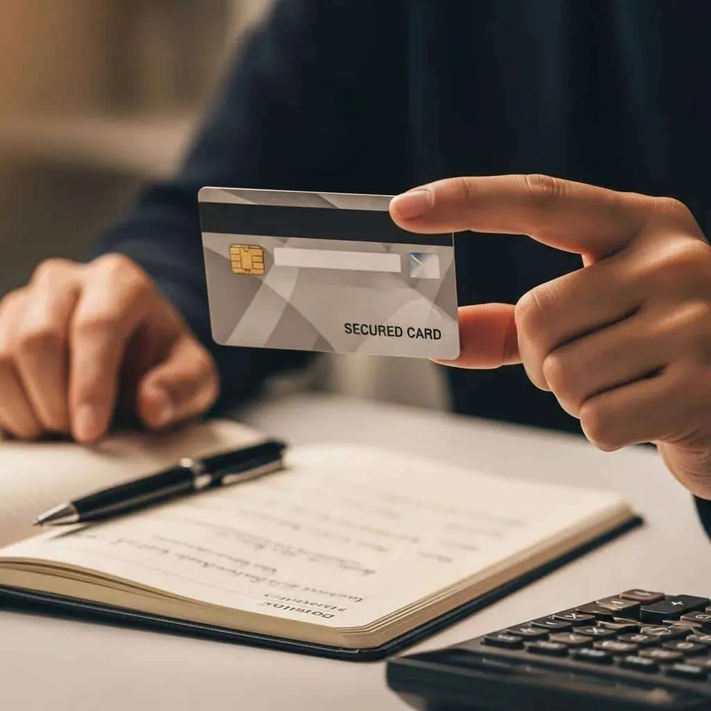 Close-up of a hand holding a secured credit card on a financial planner's desk
