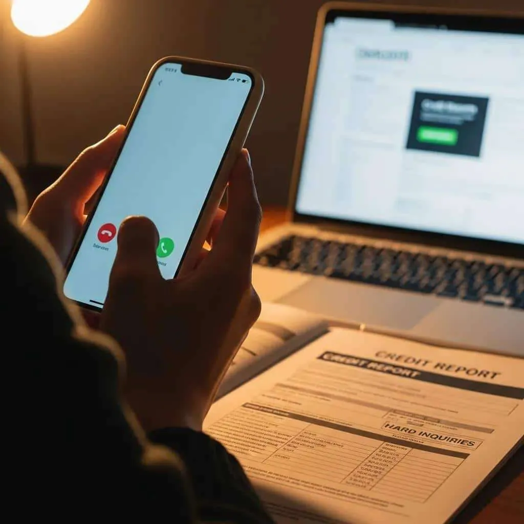Close-up of a hand on a phone disputing a hard inquiry, with a credit report in the background