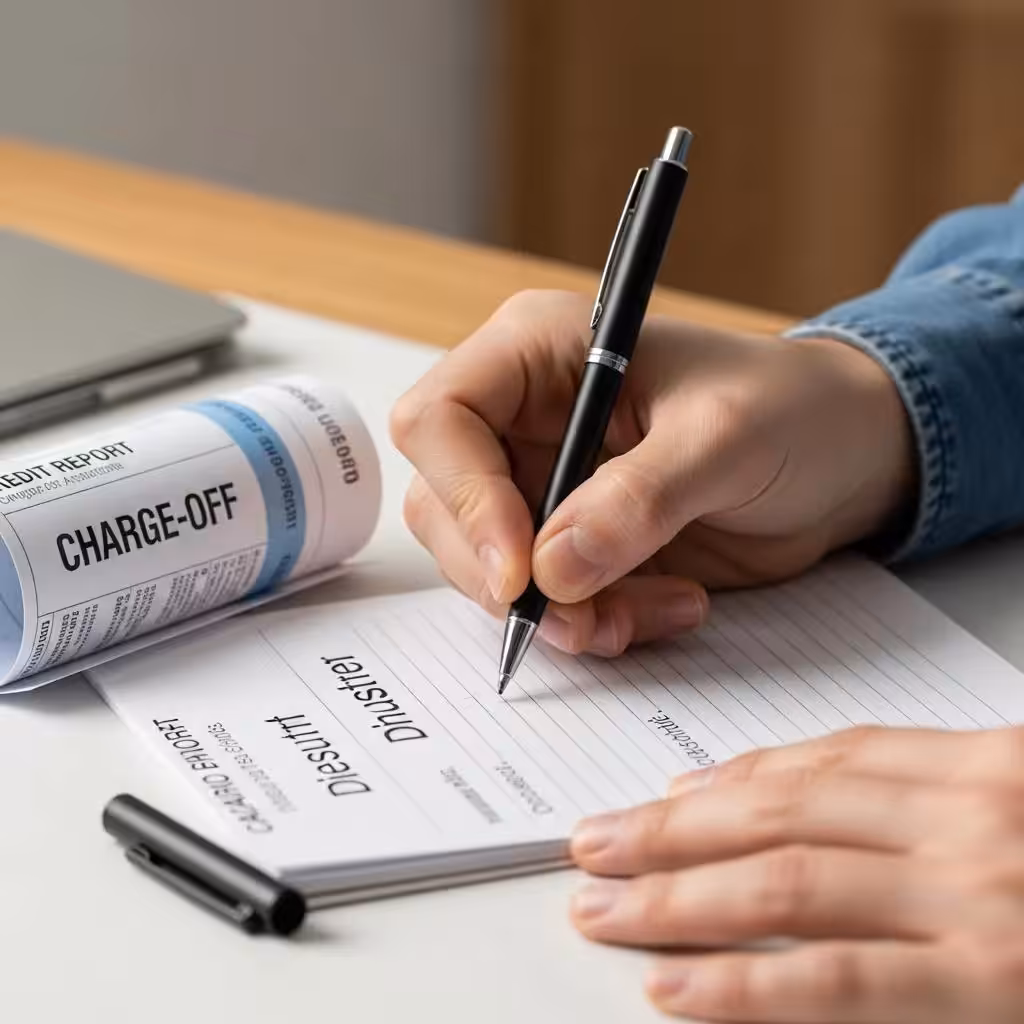 Close-up of a hand writing a dispute letter for charge-off removal, highlighting the process of challenging inaccuracies
