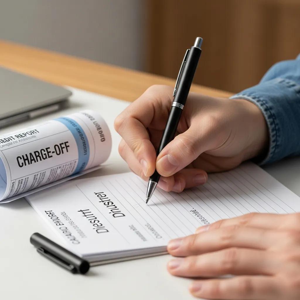 Close-up of a hand writing a dispute letter for charge-off removal, highlighting the process of challenging inaccuracies