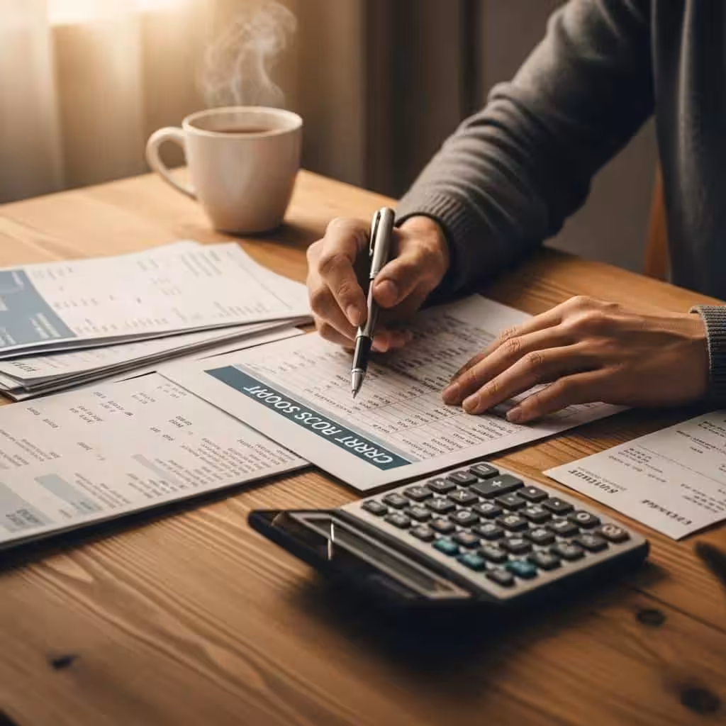 Close-up of a person analyzing credit score factors with financial documents and a calculator