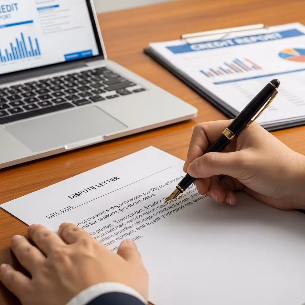 Close-up of a person writing a dispute letter regarding late payments, emphasizing consumer rights