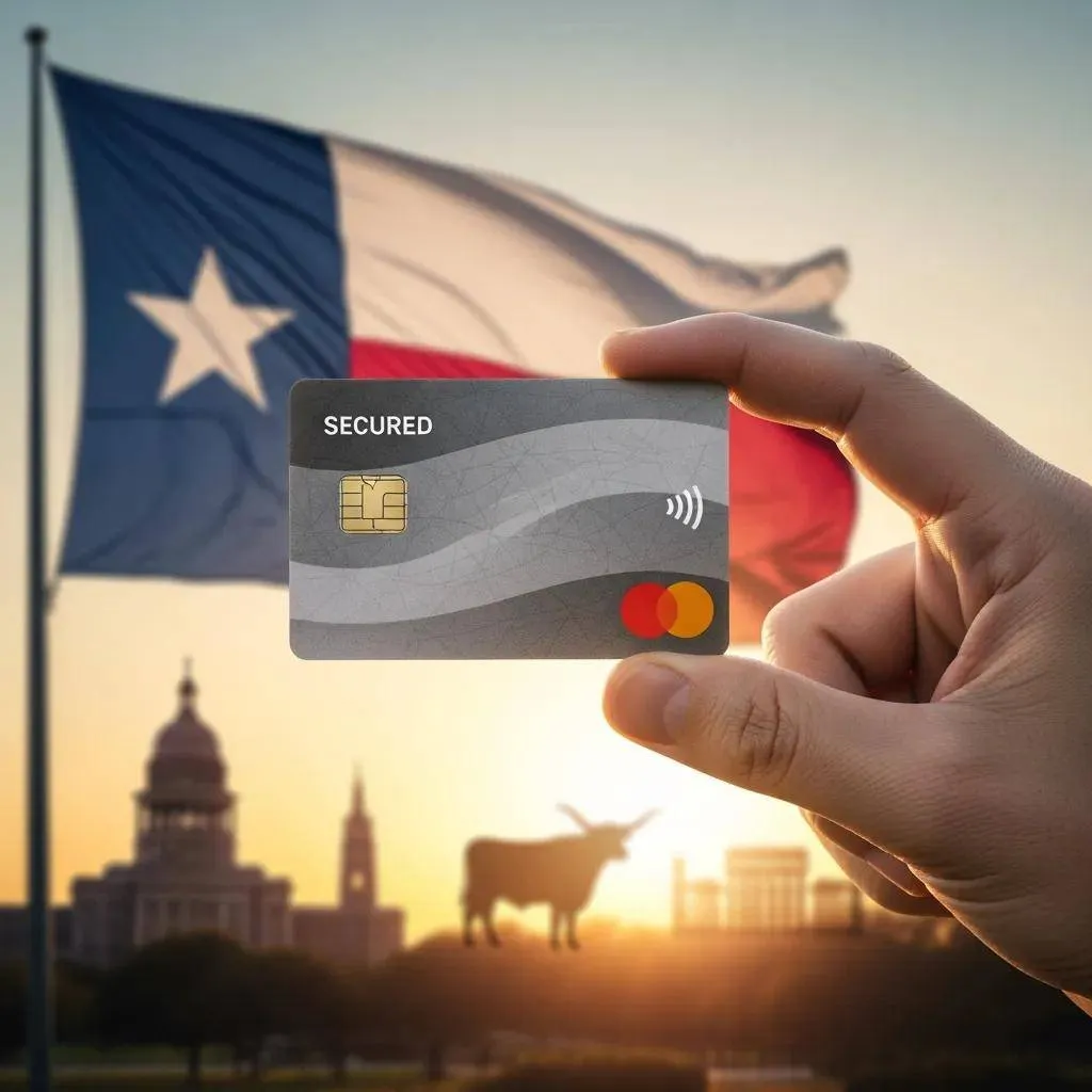 Close-up of a secured credit card in hand with Texas-themed background, representing credit options for Texans
