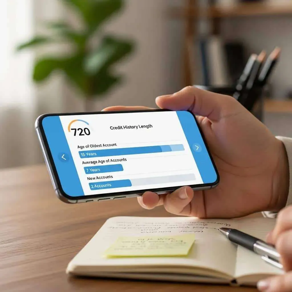Close-up of a smartphone displaying a credit score app, highlighting credit history components