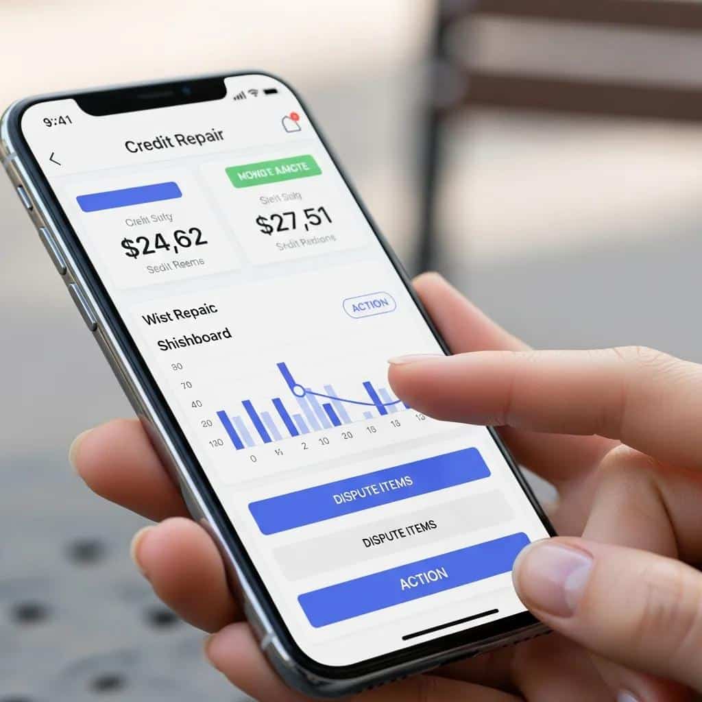 Close-up of a smartphone displaying the credit repair client dashboard, illustrating key features and user engagement