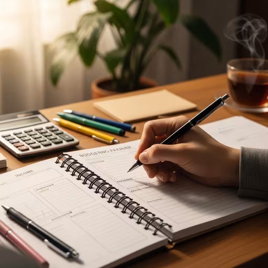 Close-up of budgeting planner and tools, illustrating budgeting management for beginners