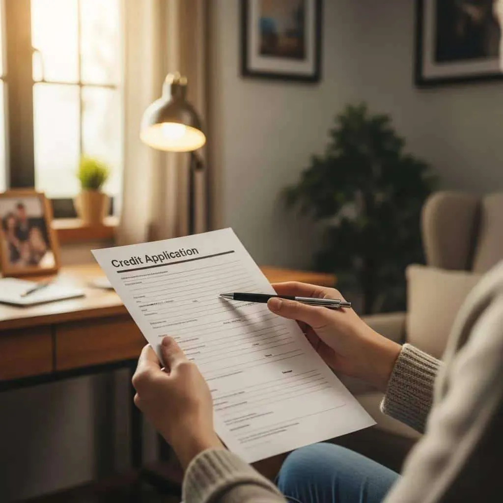 Close-up of hands holding a credit application form in a cozy home office, symbolizing trust in fair lending practices