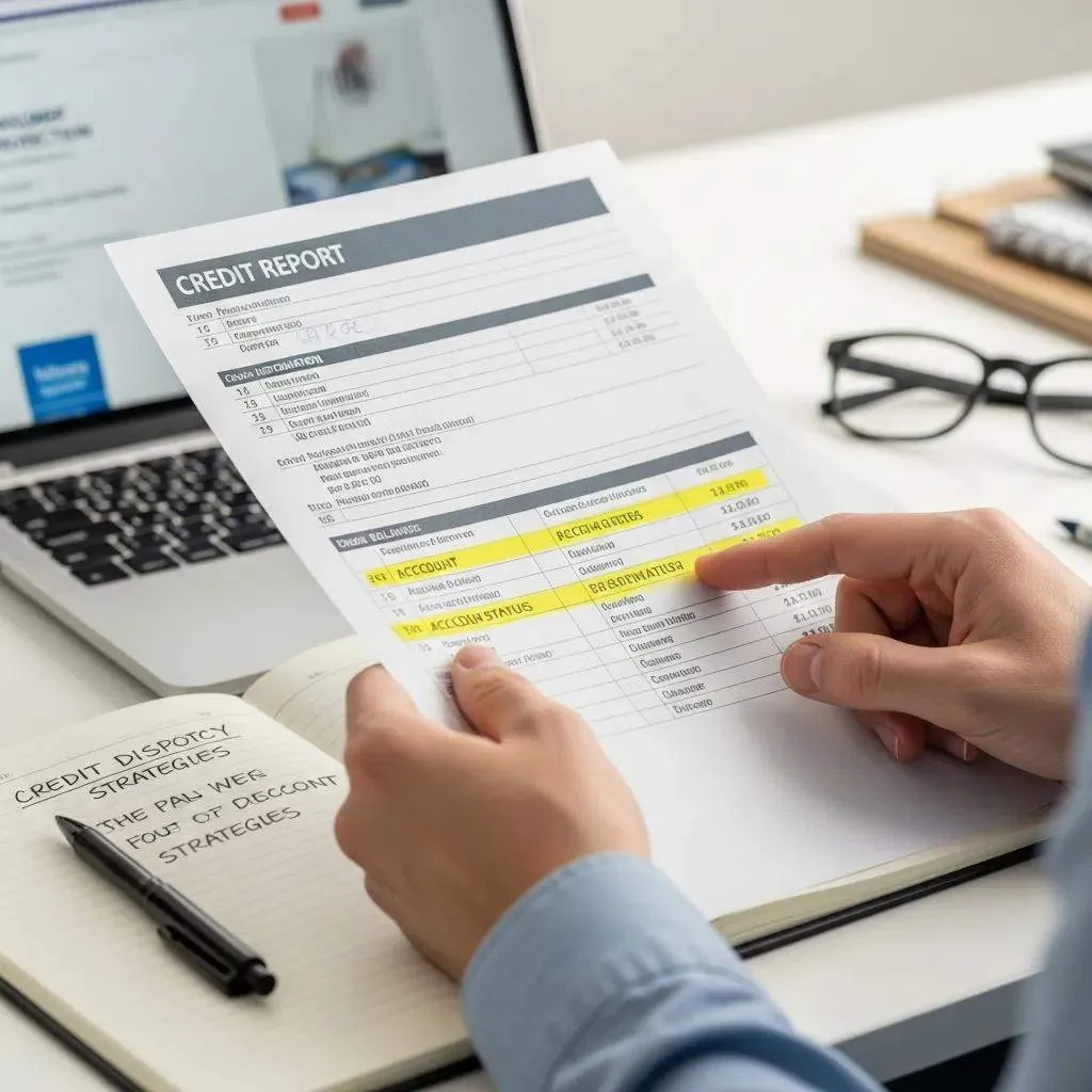 Close-up of hands reviewing a credit report with highlighted errors, illustrating the dispute process