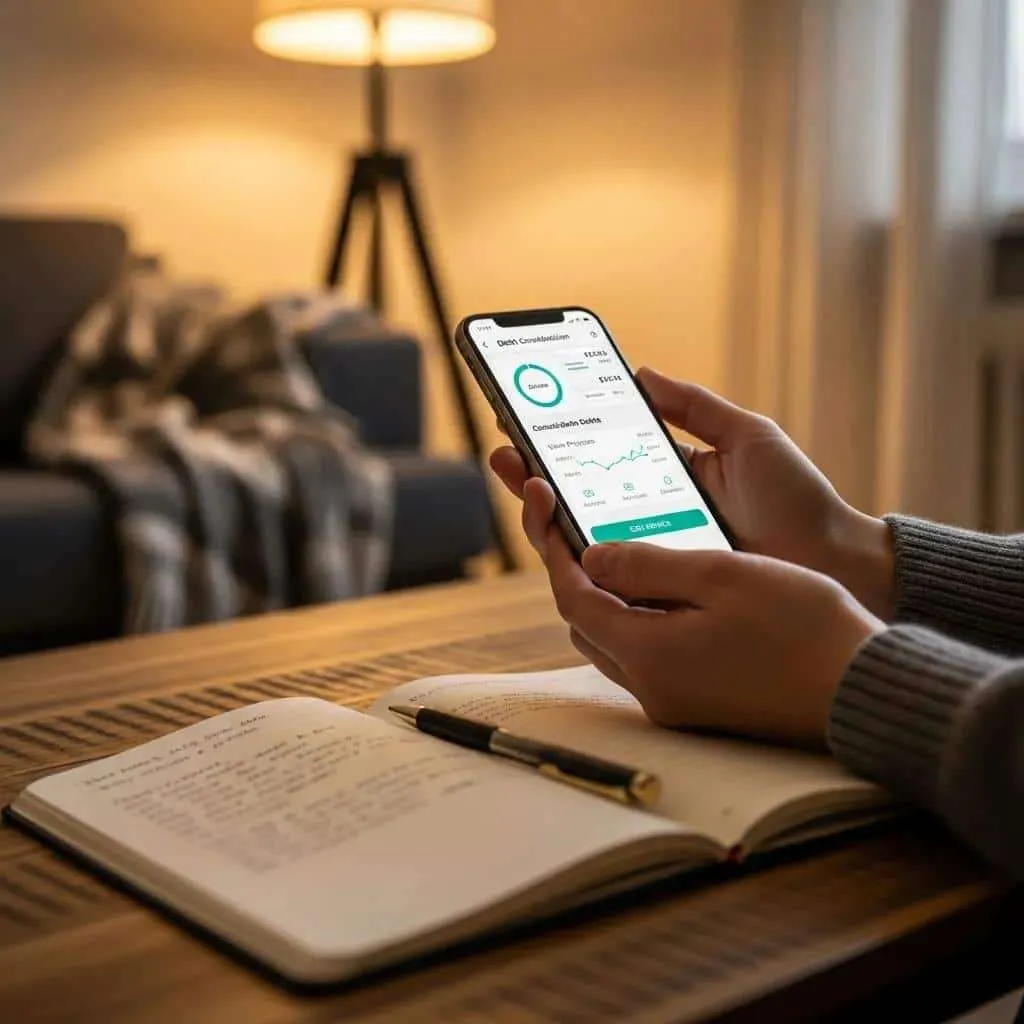 Close-up of hands using a debt consolidation app on a smartphone with a notebook