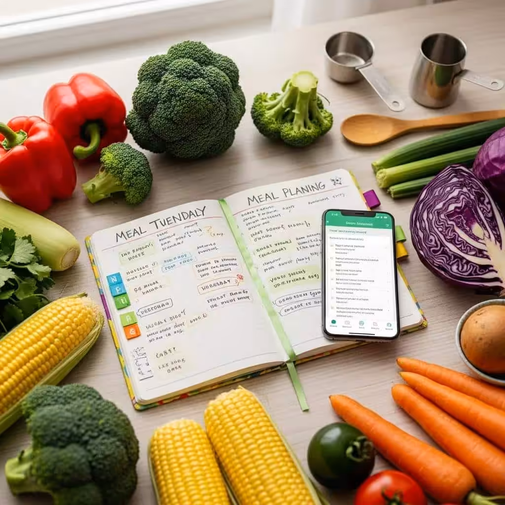Colorful meal planning setup with fresh vegetables and a planner, highlighting effective techniques to cut food costs
