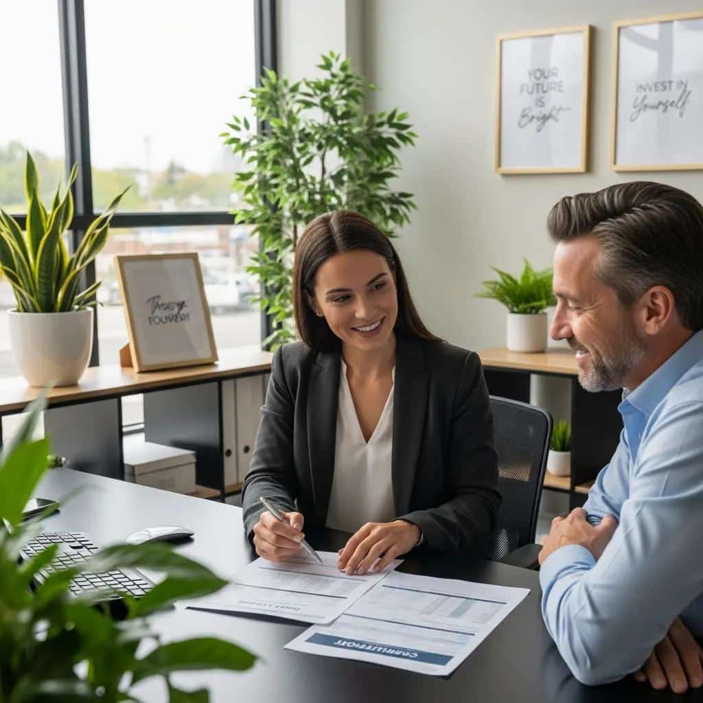Consultant and client reviewing a credit report in a modern office setting