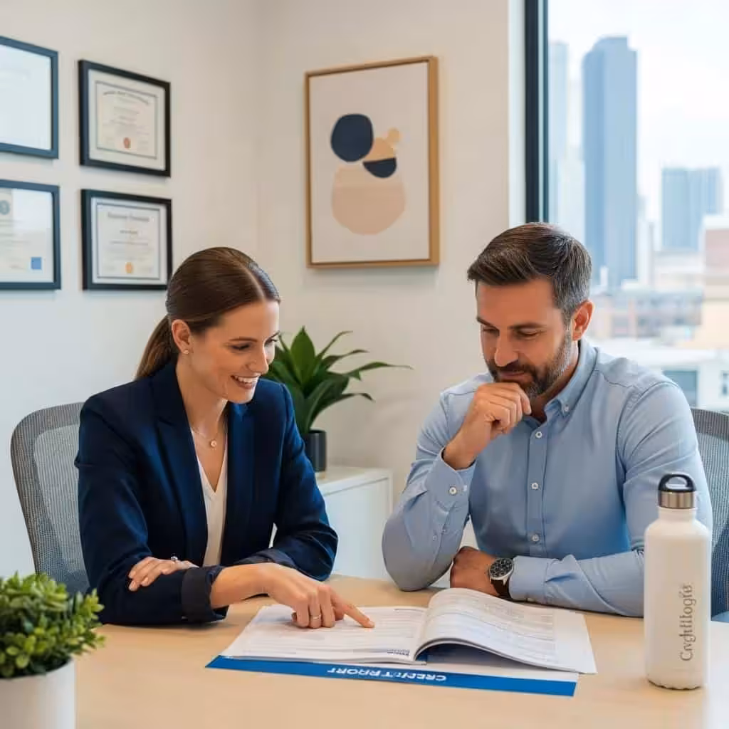 Consultant and client reviewing a credit report in a professional office