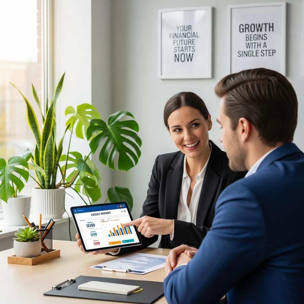 Consultant explaining credit repair process to a client in an office