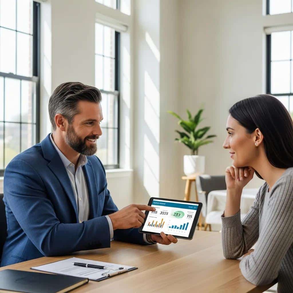 Consultant explaining credit repair strategies to a client in a modern office, highlighting the importance of credit services