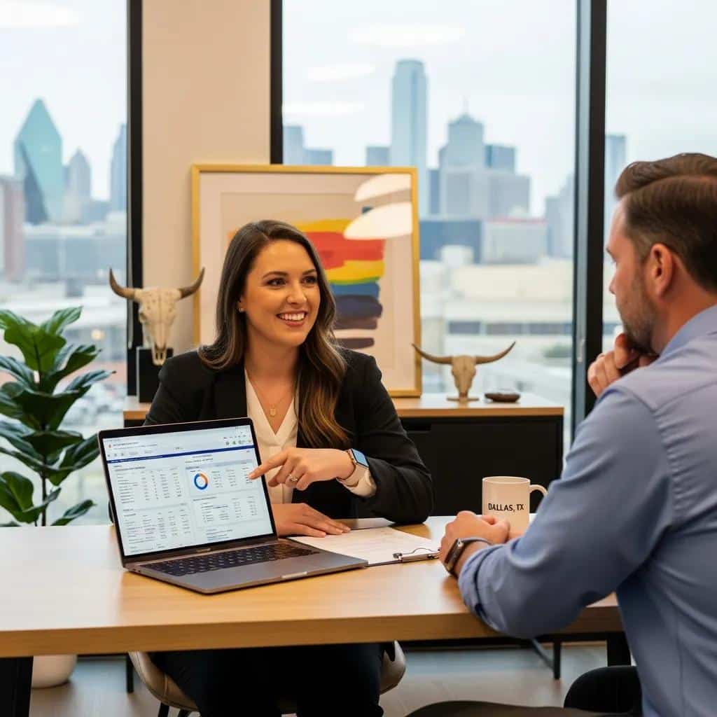Consultant explaining credit report to client in a Dallas office