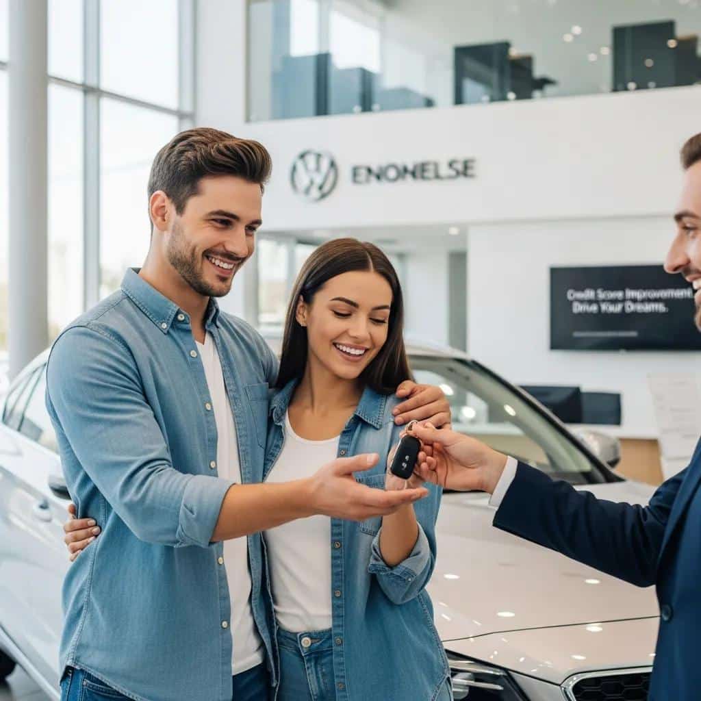 Couple receiving keys to their new car after successful credit repair