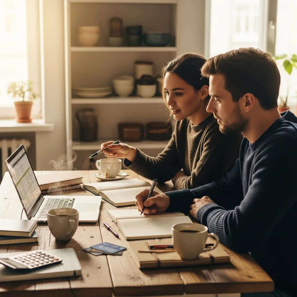 Couple reviewing credit-building strategies at home