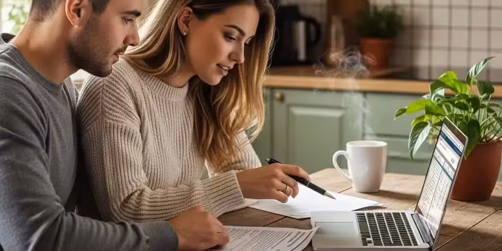 Couple reviewing mortgage documents at home, emphasizing credit score importance