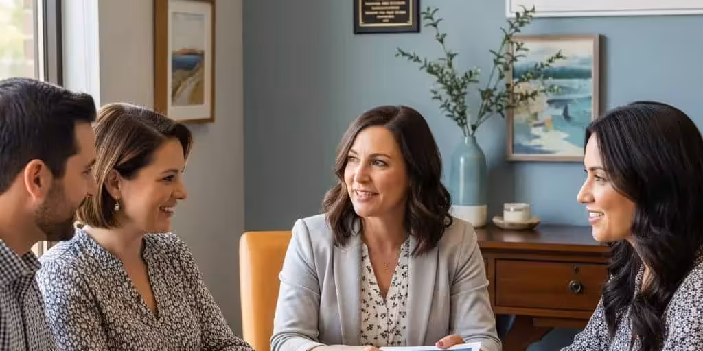 Cozy financial consultation scene showcasing a couple discussing credit repair with a local advisor