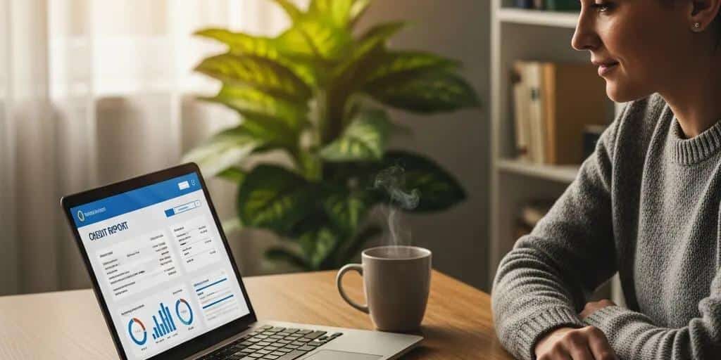 Cozy home setting with a person reviewing credit report, symbolizing financial empowerment