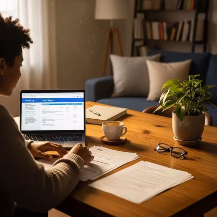 Cozy home setting with a person reviewing their credit report, symbolizing consumer rights and credit protection