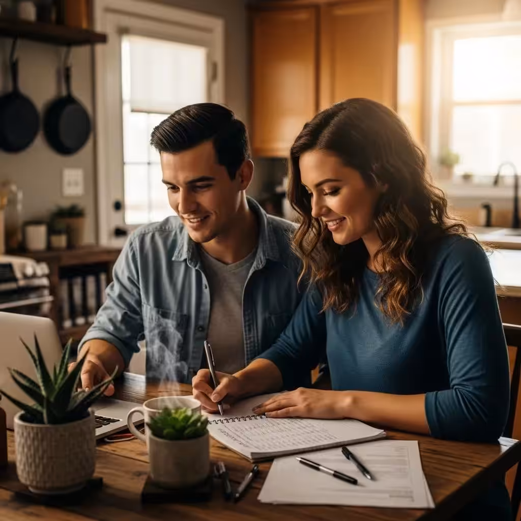 Cozy kitchen scene with a couple budgeting, emphasizing personal finance basics