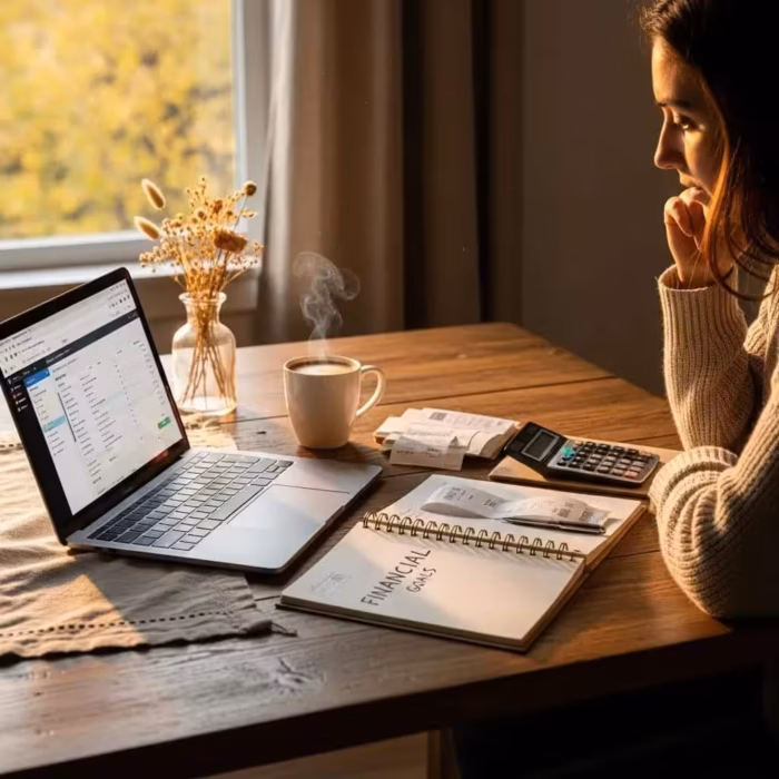 Cozy kitchen scene with a person budgeting, laptop, and coffee, emphasizing personal finance management