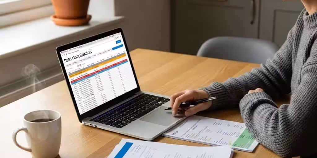 Cozy lifestyle scene of a person reviewing debt consolidation options at a kitchen table
