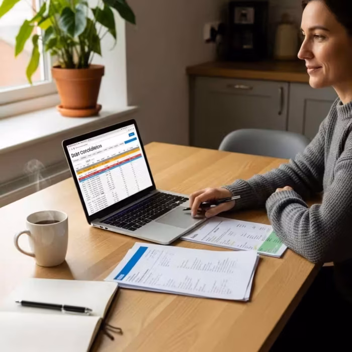 Cozy lifestyle scene of a person reviewing debt consolidation options at a kitchen table