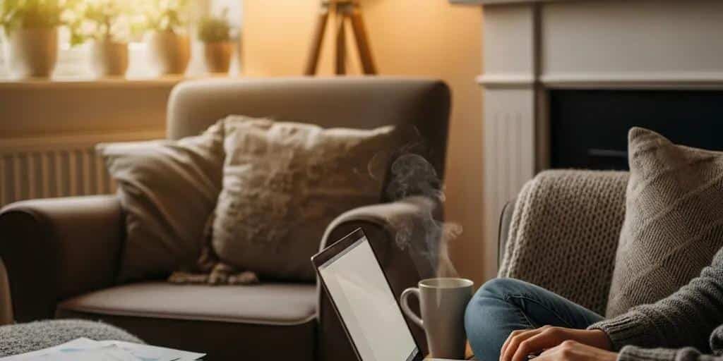 Cozy living room scene with a person reviewing finances, highlighting the importance of building an emergency fund