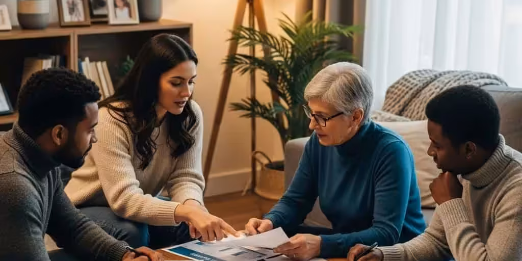 Cozy living room scene with diverse individuals discussing credit repair and financial health