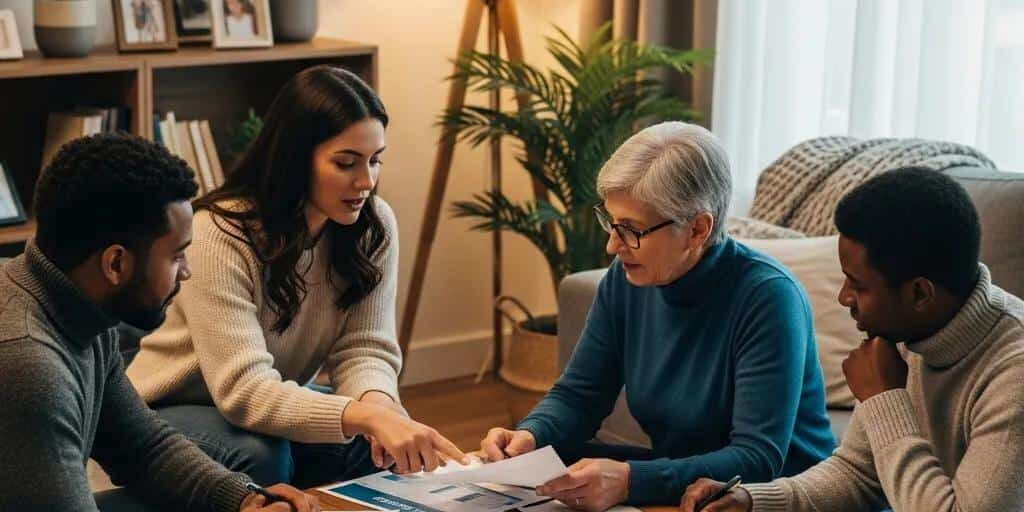 Cozy living room scene with diverse individuals discussing credit repair and financial health