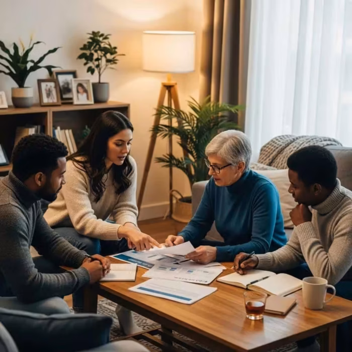 Cozy living room scene with diverse individuals discussing credit repair and financial health
