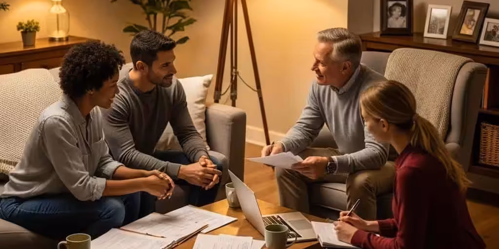 Cozy living room scene with diverse individuals discussing credit repair services