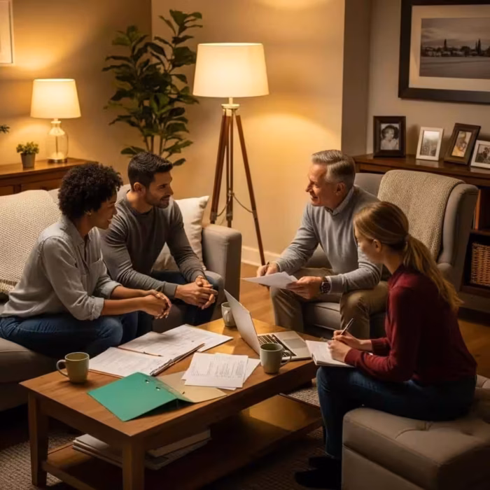 Cozy living room scene with diverse individuals discussing credit repair services