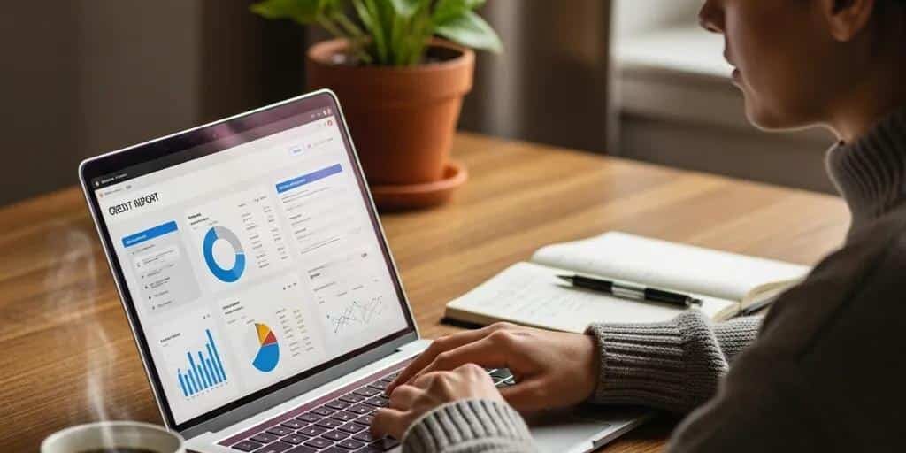 Cozy workspace with a person reviewing a credit report on a laptop, emphasizing consumer rights and financial health