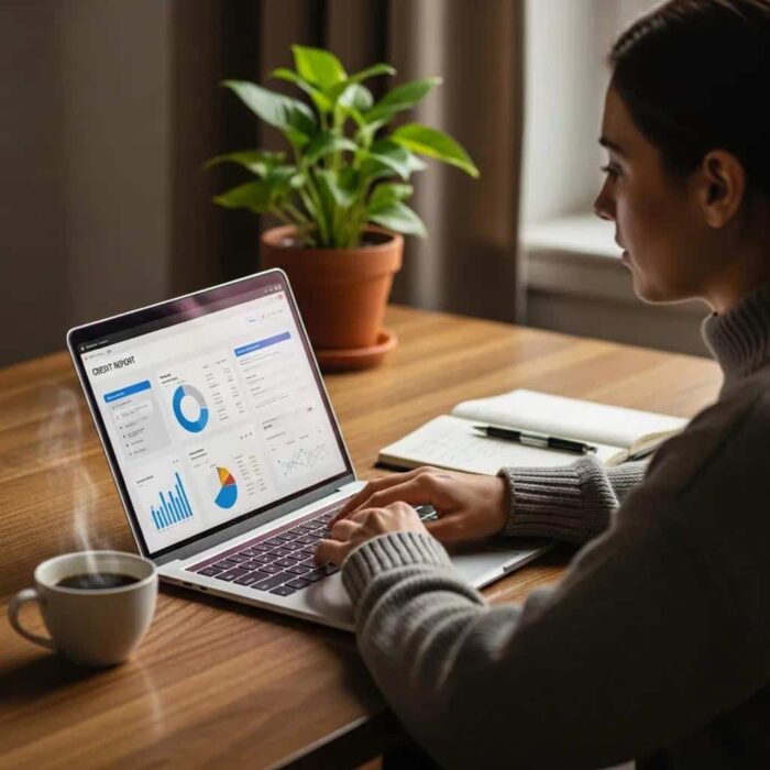 Cozy workspace with a person reviewing a credit report on a laptop, emphasizing consumer rights and financial health