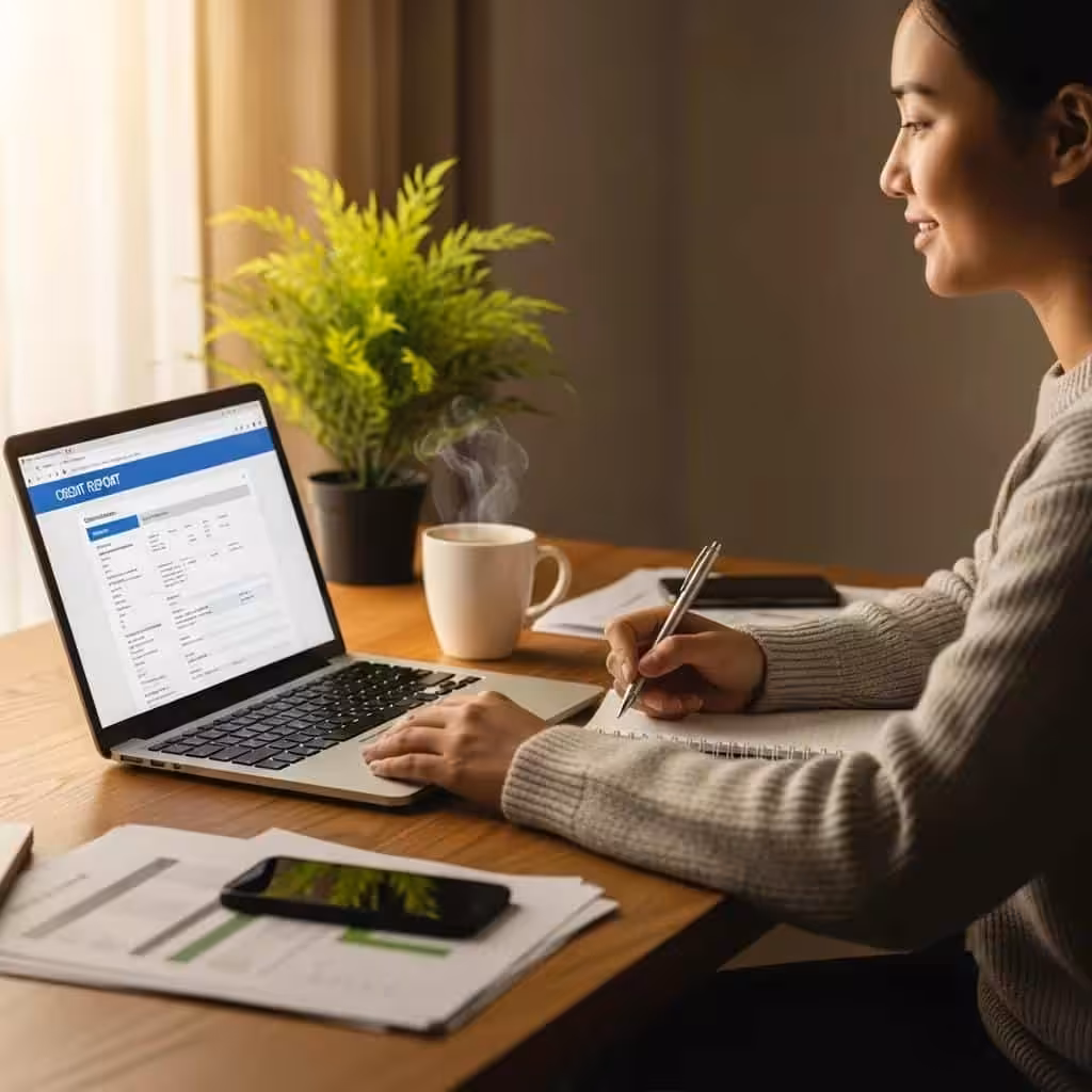 Cozy workspace with a person reviewing a credit report on a laptop, emphasizing financial health